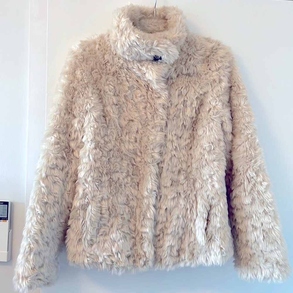 Women’s Cream Faux Fur Mock Turtle Neck Coat